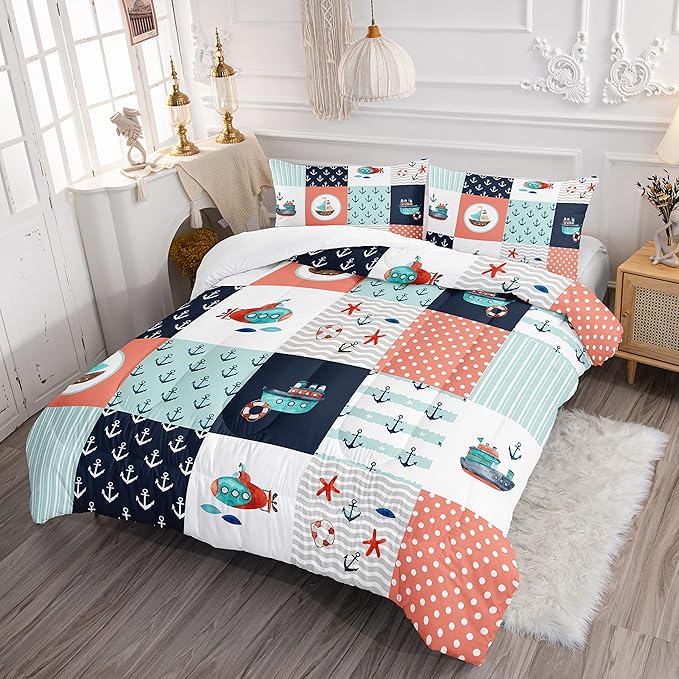 HOSIMA Nautical Bedding Set,Plaid Patchwork Pattern Hand Painted Seaplane,Boat and Anchor Comforter for Boys Kids Girls Bedroom Decor,Sea Adventure Theme Twin Comforter with 2 Pillowcases.