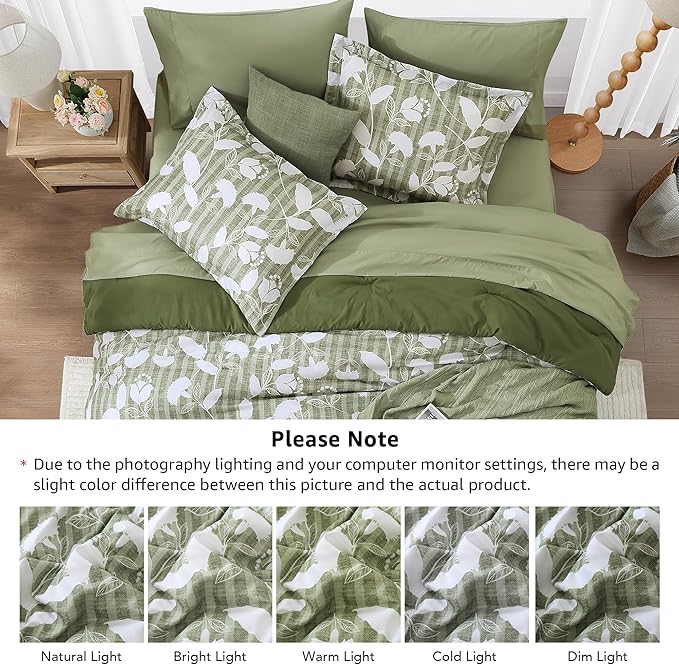 Full Comforter Set -7 Pieces Botanical Olive Green Comforter Set for All Seasons, Bed in a Bag Full with Flowers Floral Comforter, Sheets, Pillowcases & Shams