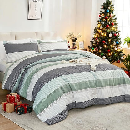 Litanika Oversized King Comforter Set Sage Green 120x120-3 Pieces Lightweight Green White Colorblock Stripe Fluffy Bedding Comforter Sets, All Season Bed Set