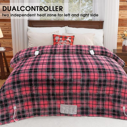Pink Heated Blanket Electric, Queen Size 84X90, 10 Heat Levels/8 Hours Auto Off/Dual Control for Bed, Blue Plaid Checkered Sherpa Blanket Warmer for Adult, Washable Gift