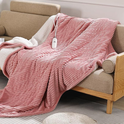 Electric Throw Heated Throw 50''x60'', Striped Flannel & Thicker Sherpa, 5 Heat Settings & 4 Hour Auto Off with FCC/ETL Certified, Overheat Protection & Machine Washable, Great Gift, Pink