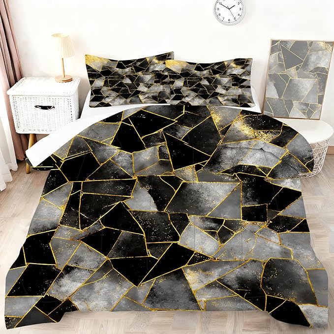 Black Grey Marble Comforter Set Geometry Abstract Marbling Beddding Set Queen Size Gold Lines Geometric Print Quilt Set Black Gray Gold Stripes Bed Set with 1 Comforter + 2 Pillowcases