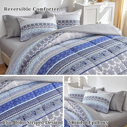 Flysheep Bohemian Striped Bed in a Bag 7 Pieces Queen Size, Boho Blue Grey Geometric Pattern Reversible Bed Comforter Set (1 Comforter, 1 Flat Sheet, 1 Fitted Sheet, 2 Pillow Shams, 2 Pillowcases)
