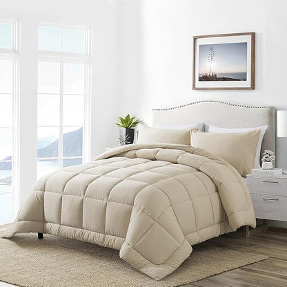 DOWNCOOL Twin Comforter Set -All Season Bedding Comforters Sets with 1 Pillow Case -2 Pieces Bed Set Down Alternative Comforter Set -Beige Twin Bedding Sets(64"x88")