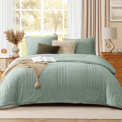 Monbix Fluffy King Size Comforter Set Sage Green, Sherpa Plush Fuzzy Comforter 3 Piece for King Size Bed, Luxury Soft Winter Warm Bedding Set
