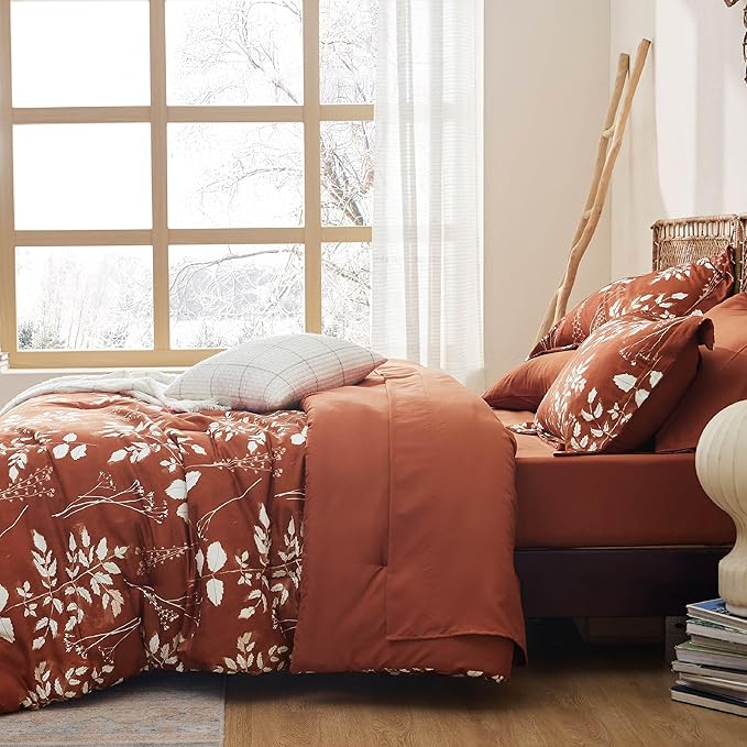 Bedsure Full Size Comforter Set - 7 Pieces Floral Terracotta Soft Bedding Sets, Full Bed in a Bag with Botanical Flowers Comforter, Sheets, Pillowcases & Shams