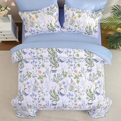 Yiran Queen Comforter Set, 7 Pieces Blue White Floral Soft Bedding Sets, Queen Bed in a Bag with Botanical Flowers All Season Comforter, Sheets, Pillowcases & Shams