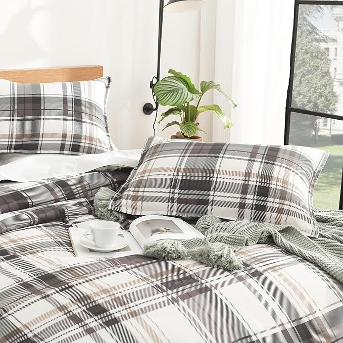 Andency Gray Brown Black Plaid Comforter Set Queen(90x90Inch), 3 Pieces Grid Gingham Stripes Bedding Comforter Sets for Boys Girls Kids Teens, Preppy Geometric Line Soft Lightweight Reversible Bed Set