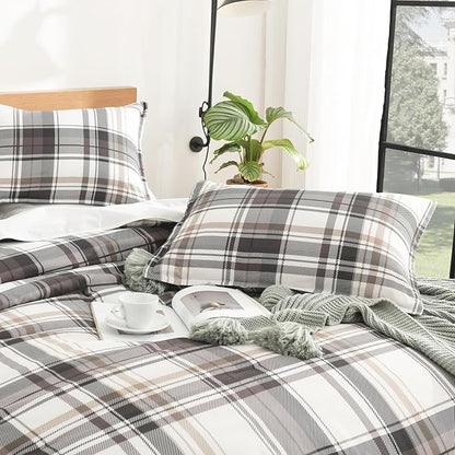 Andency Gray Brown Black Plaid Comforter Set Queen(90x90Inch), 3 Pieces Grid Gingham Stripes Bedding Comforter Sets for Boys Girls Kids Teens, Preppy Geometric Line Soft Lightweight Reversible Bed Set