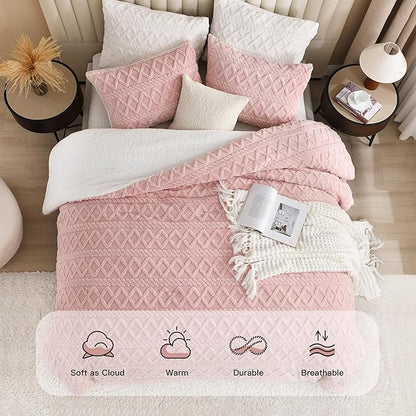 Andency Fluffy Sherpa King Comforter Set, Super Soft Blush Fleece Warm Bedding for Winter, Luxury Jacquard Boho Thick Fuzzy Plush Bed Set 3 Pieces(1 Shaggy Comforter, 2 Pillowcases)