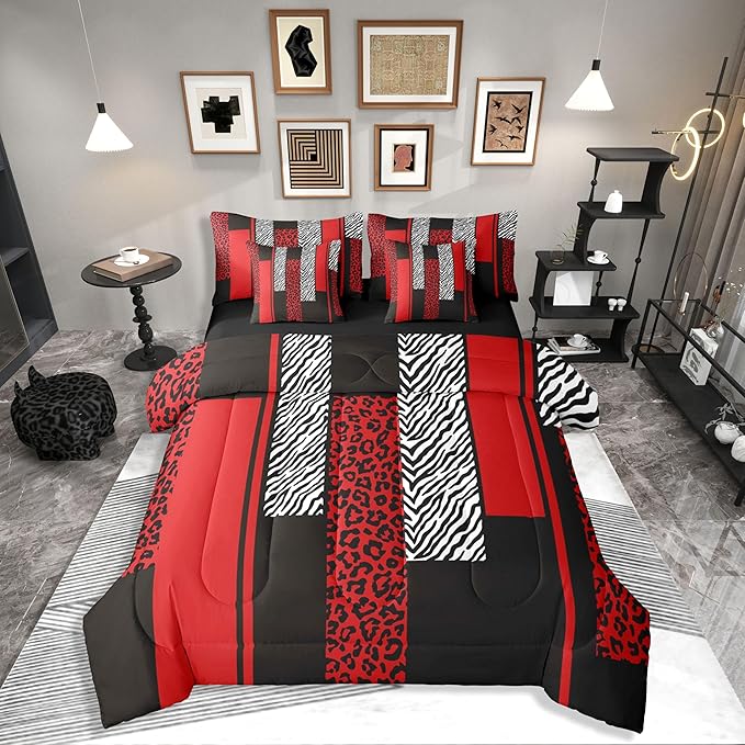 Erosebridal Zebra Cheetah Fur Pattern Black Red Adults 7 Piece Bedding Set Twin | Leopard Print Stripes Comforter Set with Sheets Zebra Cheetah Wild Animal Skin Bed in A Bag Women Men Teens Bed Sets