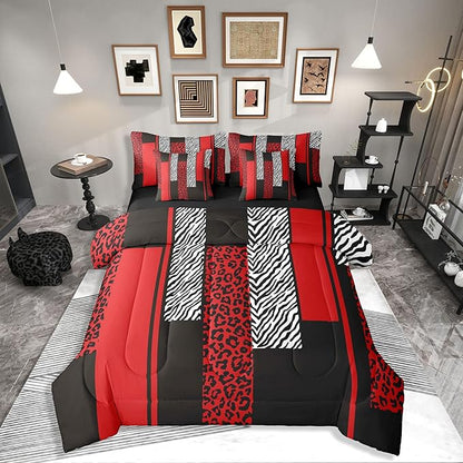 Erosebridal Zebra Cheetah Fur Pattern Black Red Adults 7 Piece Bedding Set Twin | Leopard Print Stripes Comforter Set with Sheets Zebra Cheetah Wild Animal Skin Bed in A Bag Women Men Teens Bed Sets