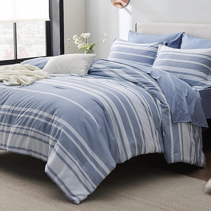 Bedsure Twin Comforter Set 5 Pieces, Blue Striped Bedding Set for All Seasons, Reversible, Cationic Dyeing Bed in a Bag with Comforter, Sheets, Pillowcase & Sham