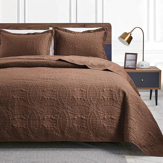 Love's cabin King Size Quilt Bedding Set Brown Bedspreads - Bed Lightweight Bedspread Comforter - Coin Pattern Bedding Coverlet for All Season - 3 Pieces (1 Quilt, 2 Pillow Shams)