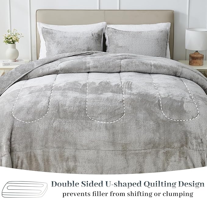 YIYEA Fluffy Queen Size Comforter Set, Luxury Faux Fur Comforter, Ultra Soft Plush Fuzzy Velvet Bedding Comforter Sets for Fall Winter, Cozy Warmth, No Shedding, 3PC, Queen, Light Grey