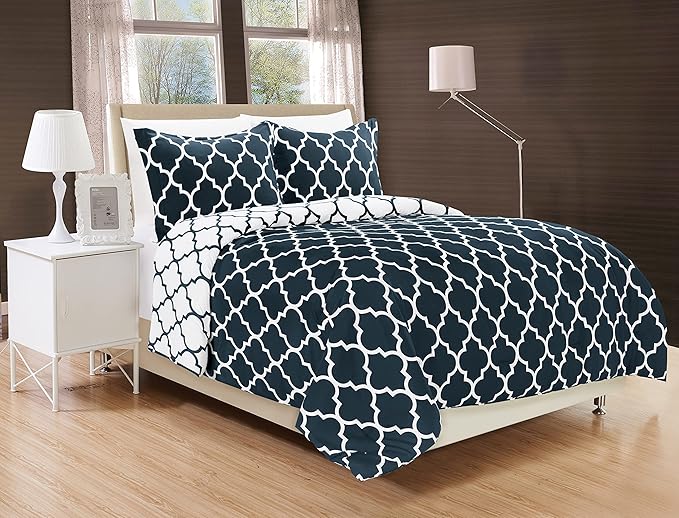 Elegant Comfort Goose Down Alternative Reversible 3-Piece Comforter Set - Breathable and Super Soft All Season Reversible Quatrefoil Pattern Comforter Set with 2 Shams, Twin/Twin XL, Navy/White