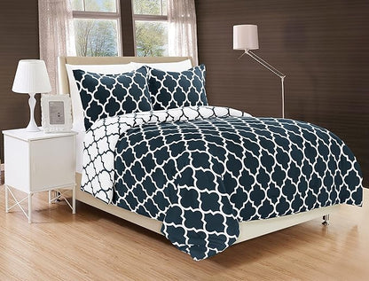 Elegant Comfort Goose Down Alternative Reversible 3-Piece Comforter Set - Breathable and Super Soft All Season Reversible Quatrefoil Pattern Comforter Set with 2 Shams, Twin/Twin XL, Navy/White