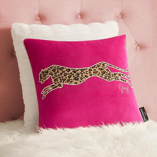 Juicy Couture Reversible Velvet Cheetah Pillow, 18" x 18" Decorative Pillow, Hot Pink