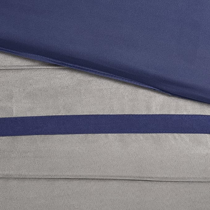 Madison Park Palmer Comforter Set-Luxury Faux Suede Design, Striped Accent, All Season Down Alternative Bedding, Matching Shams, Decorative Pillow, Bed Skirt, Queen (90 in x 90 in), Blue 7 Piece