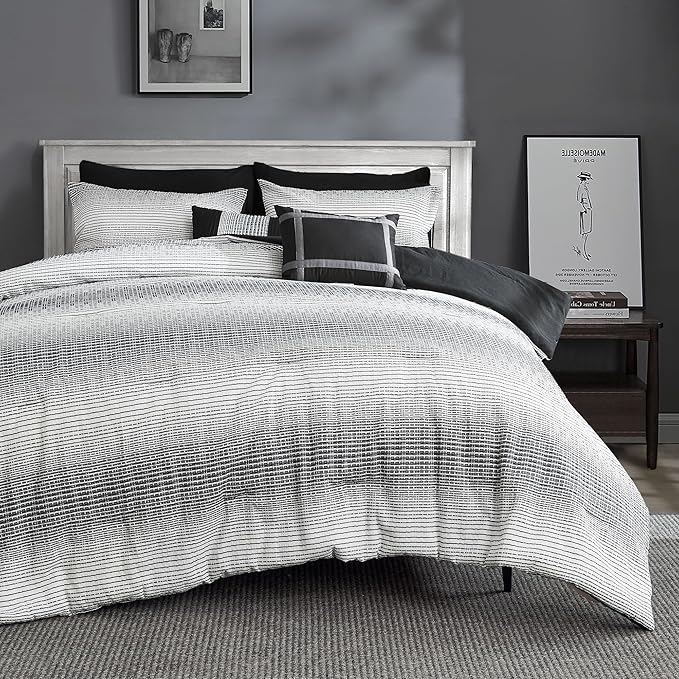 Wonderful Waffle Weave Comforter Set King, Striped Yarn-Dyed Textured Soft Breathable Reversible Cotton Comforter Set, 5 Piece White and Grey Fluffy Bedding Set with Pillow Shams, Decorative Pillows