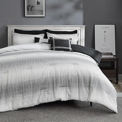 Wonderful Waffle Weave Comforter Set King, Striped Yarn-Dyed Textured Soft Breathable Reversible Cotton Comforter Set, 5 Piece White and Grey Fluffy Bedding Set with Pillow Shams, Decorative Pillows