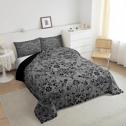 Feelyou Adults Black Vintage Damask Floral Comforter Set Oriental Antique Comforter Twin Size Gothic Bohemia Boho Flower Bedding Set Bohemian Exotic Duvet Set Quilt Set 2Pcs
