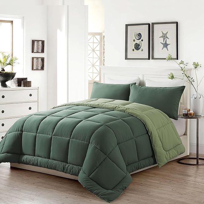 DOWNCOOL Full Size Comforter Sets -All Season Bedding Comforters Sets with 2 Pillow Cases -3 Pieces Bed Set Down Alternative Comforter Set -Double Green Bedding Sets Full(82"x86")