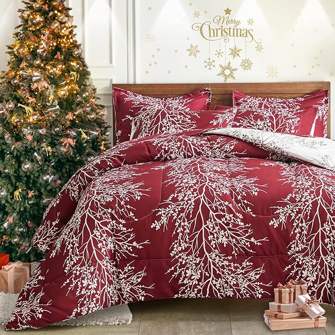 Christmas Bed in a Bag Burgundy Red Comforter Sheet Set 7 Pieces Queen Size All Season Tree Branch Soft Microfiber Bedding Set (1 Comforter 2 Pillow Shams 1 Flat Sheet 1 Fitted Sheet 2 Pillowcases)