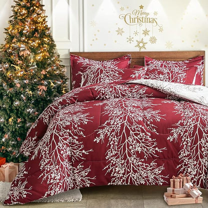 Christmas Bed in a Bag Burgundy Red Comforter Sheet Set 7 Pieces King Size Tree Branch Soft X-max Holiday Bedding Set (1 Comforter 2 Pillow Shams 1 Flat Sheet 1 Fitted Sheet 2 Pillowcases)
