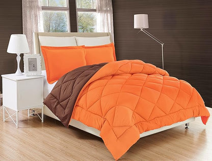Elegant Comfort All Season Comforter and Year Round Medium Weight Super Soft Down Alternative Reversible 3-Piece Comforter Set, Full/Queen, Orange/Chocolate