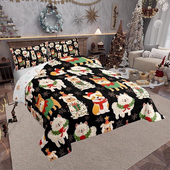 Castle Fairy Cute Puppy Dog Animal 3 Pcs Queen Size Comforter Set,Merry Christmas Theme Down Alternative Adults Bedroom Decor,Christmas Pets Ultra Soft Microfiber Inner Fill 3Pcs Bedding