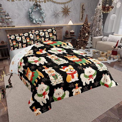 Castle Fairy Cute Puppy Dog Animal 3 Pcs Queen Size Comforter Set,Merry Christmas Theme Down Alternative Adults Bedroom Decor,Christmas Pets Ultra Soft Microfiber Inner Fill 3Pcs Bedding