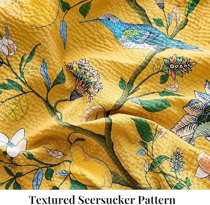 MUSSEL Bedding California King Size Comforter Set 3 Pieces,Yellow Vintage Botanical Floral Pattern Bed Comforter Sets,Boho Whimsical Modern Printed Design Cute Seersucker Bedroom Comforter and Shams