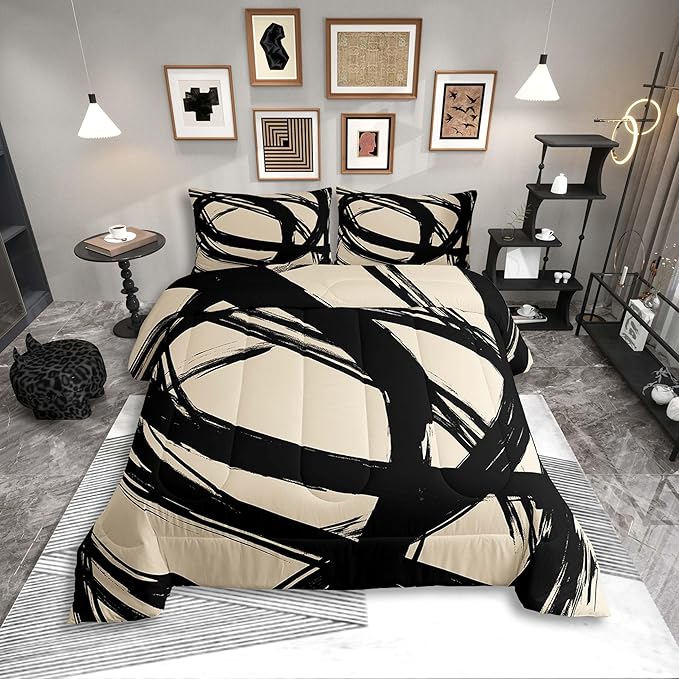 Erosebridal Black and Beige Abstarct Queen Comforter Set for Adult Women Men, Geometric Striped Bedding Set for Minimalists,Graffiti Aesthetic Lines Quilt,Contemporary Boho Modern Art Duvet Insert