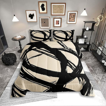 Black and Beige Striped Bedding Set Full Size for Adults Youth Teens,Contemporary Boho Modern Art Comforter Set,Graffiti Stripes Lines Quilt,Aesthetic Geometric Duvet Insert for Minimalists