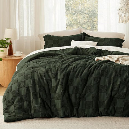 Bedsure Full Size Comforter Set Dark Olive Green, Boho Tufted Bed Set, Checkered Farmhouse Shabby Chic Bedding, 3 Pieces, 1 Plaid Geometric Comforter and 2 Pillow Shams