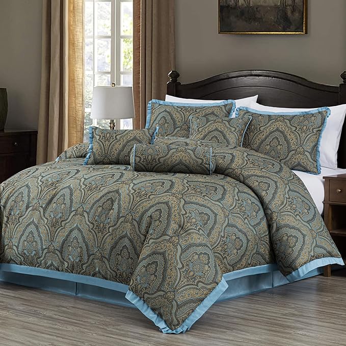 Chezmoi Collection Pierre Comforter Set King Size, 7-Piece Blue Gold Medallion Paisley Jacquard Bedding Set