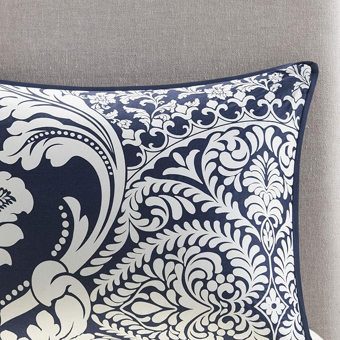 Madison Park Vienna Sateen Cotton Comforter Set, Breathable, Soft Cover, Trendy, All Season Down Alternative Cozy Bedding with Matching Shams, Queen, Indigo 7 Piece