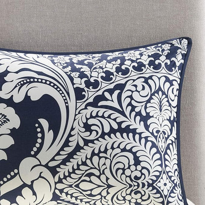 Madison Park Vienna Sateen Cotton Comforter Set, Breathable, Soft Cover, Trendy, All Season Down Alternative Cozy Bedding with Matching Shams, Queen, Indigo 7 Piece