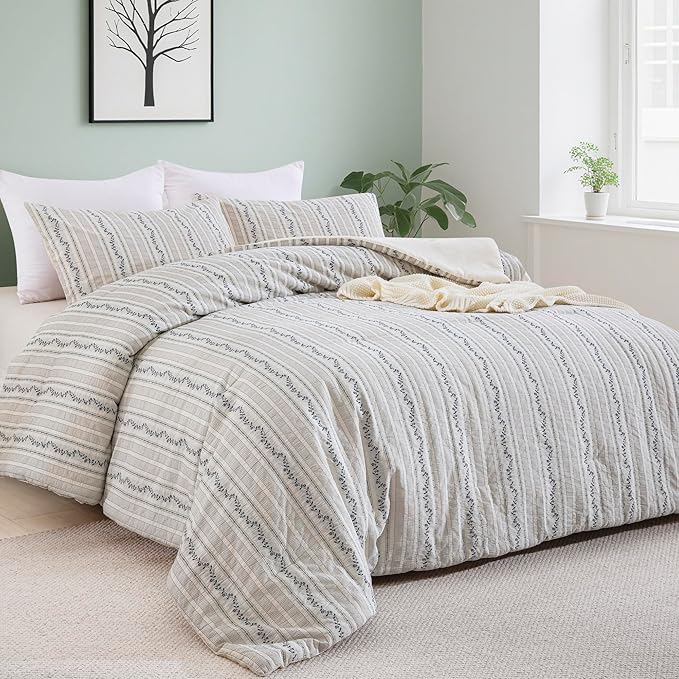 100% Cotton Jacquard Comforter Set, Striped Floral Print, Soft Lightweight Reversible 3 Piece Bedding Sets for All Season, Queen(90"x90")