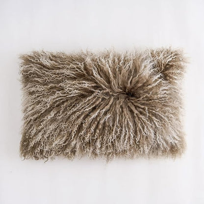 Genuine Mongolian Lamb Fur Pillow Cover – 12"x20" Rectangular Cushion Case – Soft Curly Wool Decorative Accent for Sofa, Bed, or Chair (Sage Green with White Tips)
