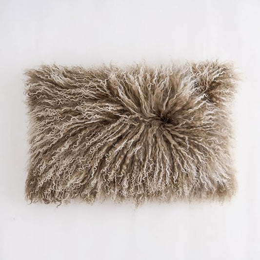 Genuine Mongolian Lamb Fur Pillow Cover – 12"x20" Rectangular Cushion Case – Soft Curly Wool Decorative Accent for Sofa, Bed, or Chair (Sage Green with White Tips)