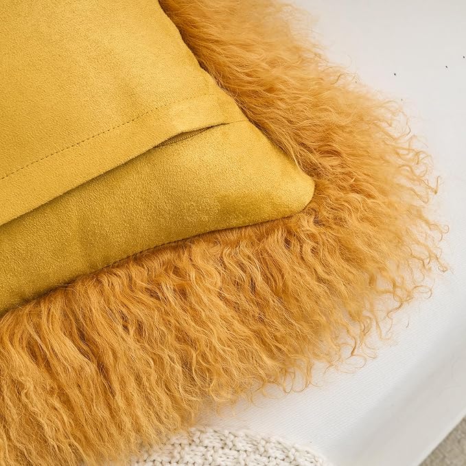 Genuine Mongolian Lamb Fur Pillow Cover – 12"x20" Rectangular Cushion Case – Soft Curly Wool Decorative Accent for Sofa, Bed, or Chair (Mustard Yellow)