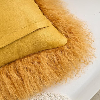 Genuine Mongolian Lamb Fur Pillow Cover – 12"x20" Rectangular Cushion Case – Soft Curly Wool Decorative Accent for Sofa, Bed, or Chair (Mustard Yellow)