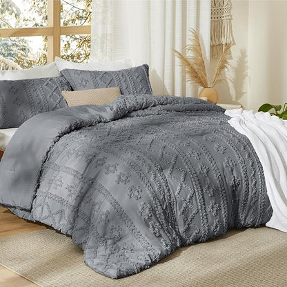 Bedsure Tufted Boho Comforter Set King Size - Grey Boho Bed Set, GentleSoft™ 3 Pieces Farmhouse Shabby Chic Embroidery Bedding, Gifts for Woman, Soft Jacquard King Comforter for All Seasons