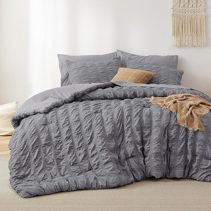 Bedsure Bed in a Bag King - 7 Pieces Plaid Seersucker Bedding Comforter Sets, Soft Lightweight Grey Boho Bed Set with Comforters King Size, Sheets, Pillowcases & Shams