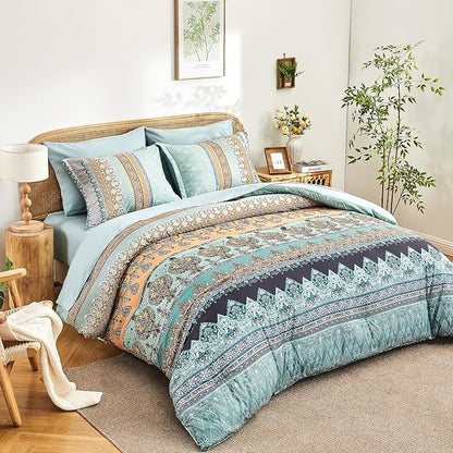 Boho Comforter Set King Size Sage Green - 7 Pieces Bohemian Floral Striped Comforter and Sheet Set, Soft Bed in a Bag Complete Bedding Sets King Size for All Season (Sage Green,King)