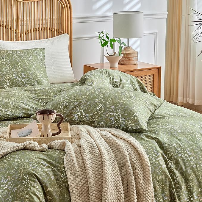 AMWAN Army Green Comforter Set Full 3 Piece, Botanical Bedding Comforter Set 1 Comforter with 2 Pillowcases, All Seasons Floral Warm Fluffy Bed Set, Full Boho Bedding Comforter Set