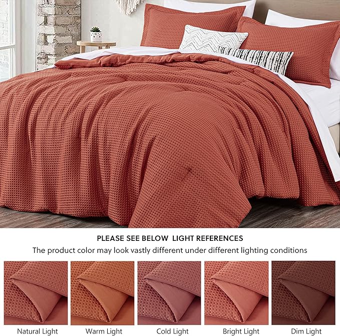 Chezmoi Collection Wilmer 3-Piece Oversized King Comforter Set, Terracotta, Soft and Cozy Lightweight Waffle Weave Comforter Bedding for All Season
