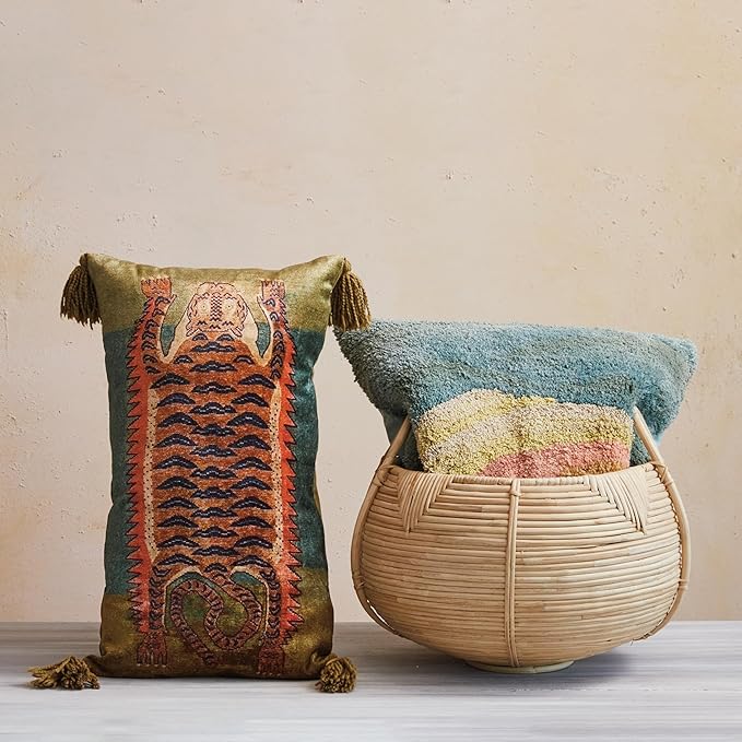 Creative Co-Op Cotton Velvet Blend Tiger Lumbar Pillow with Tassels, Multicolor